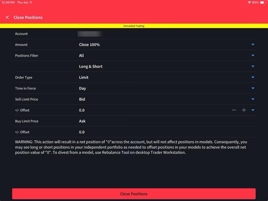 The close positions panel on the iPad